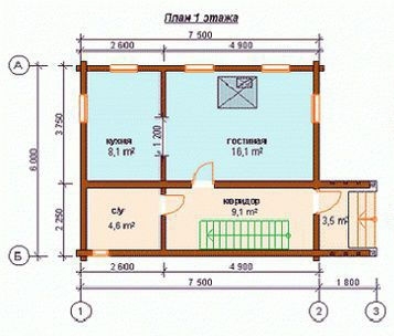 Проект дома «Дартмул», оцилиндрованное бревно, 42 кв.м.